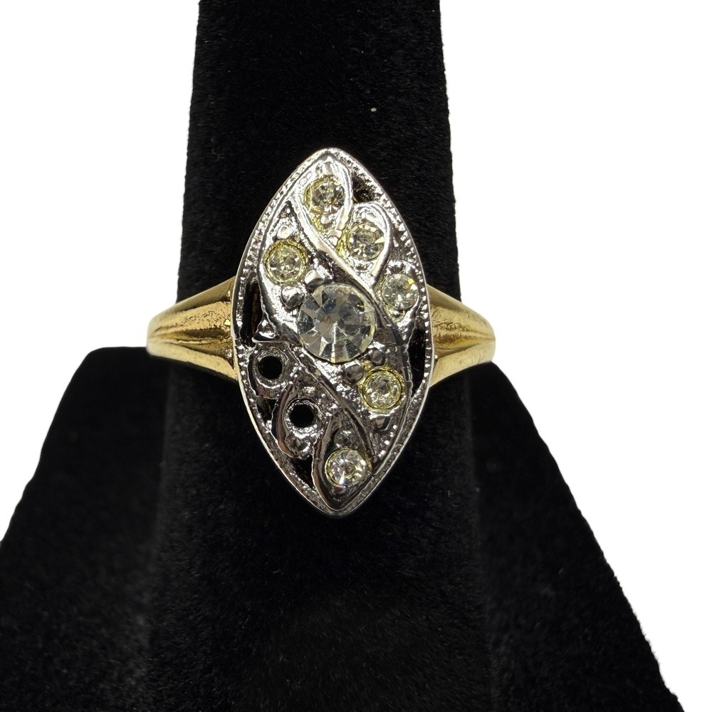 Vintage 18K GE Yellow Gold Art Deco Marquise Ring Two Tone Filigree Size 6